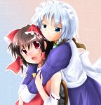  2girls blush braid brown_hair detached_sleeves female hakurei_reimu hug izayoi_sakuya japanese_clothes maid miko multiple_girls red_eyes silver_hair sorairo_porin touhou yuri 