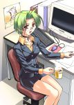  1girl business_suit chair choker coffee computer cross cross_choker cross_necklace desk formal glasses green_hair highres indoors looking_at_viewer miniskirt office_lady open_mouth orange_eyes pencil_skirt short_hair skirt skirt_suit smile solo suit 