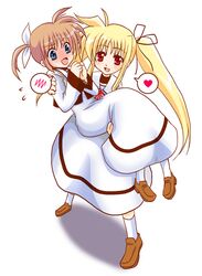  00s 2girls blonde_hair blue_eyes blush brown_hair carrying fate_testarossa heart lyrical_nanoha mahou_shoujo_lyrical_nanoha multiple_girls princess_carry red_eyes school_uniform serafuku speech_bubble takamachi_nanoha tsunpun twintails yuri 