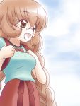  1girl :d awa backpack bag blonde_hair blue_shirt bow braid braids breasts brown_eyes brown_hair child clouds cloudy_sky glasses goggles kodomo_no_jikan long_hair open_mouth red_bow ribbon shirt skirt sky smile solo usa_mimi 