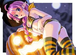  1girl blue_eyes bow braid elf hair_bow halloween hat jack-o&#039;-lantern katahira_masashi long_hair moon original panties pink_hair pointy_ears pumpkin solo striped striped_legwear striped_panties thigh-highs underwear 