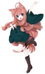  1girl :o animal_ears arm_up blue_eyes boots brown_hair cat_ears coat long_hair namori original scarf simple_background solo standing standing_on_one_leg very_long_hair wide_sleeves 