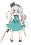  2girls :3 =_= bangs black_shoes bloomers blue_eyes blunt_bangs blush_stickers dual_wielding female full_body green_skirt hair_ribbon hat hitodama holding holding_sword holding_weapon katana konpaku_youmu konpaku_youmu_(ghost) looking_at_viewer maitou mob_cap multiple_girls pink_hair puffy_sleeves ribbon saigyouji_yuyuko sheath shoes short_hair silver_hair simple_background skirt skirt_set socks standing sword touhou triangular_headpiece underwear vest weapon white_background white_legwear 