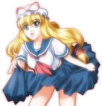  1girl alternate_costume bangs blonde_hair blue_eyes blue_skirt female hair_ribbon hat hat_ribbon long_hair mob_cap open_mouth ribbon school_uniform serafuku skirt skirt_hold smile solo touhou yakumo_yukari yamaguchi_takashi yamaguchi_yuu 