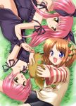  3girls bike_shorts blue_eyes brown_hair dress fang ferret hair_ornament hairclip kishi_nisen kousaka_alice kousaka_maria lying multiple_girls on_back on_side one-piece_tan pink_hair short_hair siblings sisters smile striped suigetsu tan tanline waha yamato_suzuran yellow_eyes 