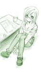  1girl asymmetrical_hair breasts cleavage coffee from_above glasses green himura_kiseki leg_hug looking_at_viewer monochrome off_shoulder original sitting sketch smile solo strap_slip sweater 