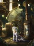  1girl arm_support beads chains clock clock_tower frills gears green_eyes green_hair hair_beads hair_bobbles hair_ornament hourglass indoors original signature sitting solo tower wason window 
