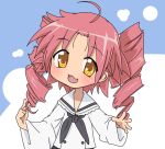 1girl black_bow blue_sky blush bow buttons chibi drill_hair frills kogami_akira lucky_star pink_hair sky smile solo teperyndroors yellow_eyes 