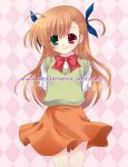  1girl bow brown_hair green_eyes hair_bow heterochromia long_hair lyrical_nanoha mahou_shoujo_lyrical_nanoha mahou_shoujo_lyrical_nanoha_strikers pink_bow red_eyes skirt smile solo sweater takenaka_hisato vivio 