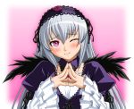  00s 1girl frilled_sleeves frills head_tilt ichikawa_masahiro long_hair one_eye_closed pink_eyes rozen_maiden silver_hair smile solo steepled_fingers suigintou upper_body wings wink 