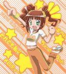  +_+ 1girl brown_hair flat_chest green_eyes idolmaster midriff navel open_mouth pointing redhead solo star takatsuki_yayoi twintails 