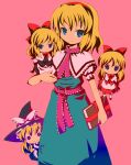  1girl alice_margatroid blonde_hair blue_eyes book capelet character_doll female hat holding holding_book hourai hourai_doll kirisame_marisa long_skirt looking_at_viewer michii_yuuki peeking_out ribbon sash shanghai_doll short_hair simple_background skirt standing touhou witch_hat 