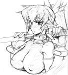  1girl blush breasts collar erect_nipples fang fingerless_gloves gloves large_breasts monochrome pointy_ears sheath sketch solo unsheathing upper_body 