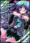  1girl aqua_hair bangs bare_shoulders belt blush boots breasts d: detached_sleeves frills green_eyes hatsune_miku headset long_hair medium_breasts musical_note navel open_mouth piano_keys sheet_music shirt skirt sleeveless sleeveless_shirt solo staff_(music) thigh-highs thigh_boots twintails utsurogi_angu very_long_hair vocaloid zettai_ryouiki 