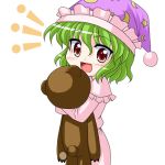  1girl bococho chibi doll female green_hair hat kazami_yuuka kazami_yuuka_(pc-98) lotus_land_story lowres pajamas red_eyes simple_background solo stuffed_animal stuffed_toy teddy_bear touhou youkai 