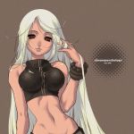  1girl bare_shoulders bracelet eika_(artist) hand_in_hair jewelry lips long_hair midriff navel red_eyes simple_background sleeveless solo white_hair 