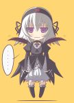  ... 00s 1girl bangs black_dress black_legwear black_ribbon chibi crazy_developers cross dress female flower flying full_body hair_between_eyes headdress long_sleeves looking_at_viewer neck_ribbon puffy_sleeves ribbon rozen_maiden shadow silver_hair simple_background solo speech_bubble suigintou violet_eyes wide_sleeves wings yellow_background 