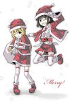 2girls ;d bag belt blonde_hair brown_hair capelet christmas english female ghostly_field_club gloves hat jumping long_hair maribel_hearn multiple_girls necktie one_eye_closed open_mouth red_(artist) red_(red-sight) santa_costume santa_hat short_hair skirt smile snow snowing thigh-highs touhou usami_renko 