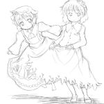  2girls aki_minoriko aki_shizuha barefoot female food fruit grapes hair_ornament hat konata_gazel leaf leaf_on_head monochrome multiple_girls siblings sisters sketch touhou 