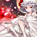  1girl bare_legs barefoot bloomers camisole collarbone female frills glowing hat looking_at_viewer mob_cap orb red_eyes remilia_scarlet short_hair silver_hair sitting solo touhou underwear xero 