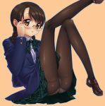  1girl braid brown_hair crotch_seam glasses kink kneepits legs_up panties panties_under_pantyhose pantyhose pantyshot school_uniform serafuku shiny_clothes shiny_legwear sitting solo twin_braids underwear yellow_eyes 