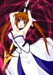  1girl armpits bare_shoulders breasts brown_hair cleavage corset large_breasts long_hair lyrical_nanoha magical_girl mahou_shoujo_lyrical_nanoha mahou_shoujo_lyrical_nanoha_strikers raising_heart saki_chisuzu solo takamachi_nanoha twintails violet_eyes 