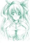  1girl blush breast_suppress breasts cave_(developer) embarrassed green huge_breasts impossible_clothes impossible_shirt long_hair monochrome mushihime-sama reco shirt twintails 