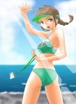  1girl akizuki_ritsuko bikini blue_sky braid brown_hair cowboy_shot from_behind glasses horizon idolmaster looking_back open_mouth outdoors sky solo swimsuit t2r twin_braids twintails visor visor_cap water 