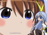  2girls ahoge asymmetrical_clothes asymmetrical_legwear blue_eyes blue_hair brown_hair gununu hat lyrical_nanoha magical_girl mahou_shoujo_lyrical_nanoha mahou_shoujo_lyrical_nanoha_strikers minigirl multiple_girls reinforce_zwei single_thighhigh thigh-highs waist_cape x_hair_ornament yagami_hayate 