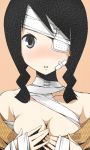  1girl bandage bandage_over_one_eye black_hair blush breasts cleavage eyepatch kobushi_abiru lowres medium_breasts sayonara_zetsubou_sensei solo 