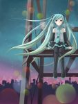  1girl aqua_eyes aqua_hair bare_shoulders beam blurry bokeh boots chitose_kiiro construction_site depth_of_field detached_sleeves epirca green_eyes green_hair hatsune_miku long_hair necktie night night_sky sitting skirt sky skyline solo star star_(sky) starry_sky thigh-highs thigh_boots twilight twintails very_long_hair vocaloid wind 