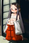  1girl flat_chest horns japanese_clothes miko minami_juujisei original pointy_ears red_hakama solo undressing 