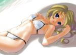  1girl beach bikini blonde_hair blue_eyes katahira_masashi long_hair lying midriff on_back original outdoors solo swimsuit tan water 