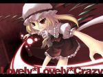 &gt;:d 1girl :d blonde_hair collar dress evil_grin evil_smile female flandre_scarlet frilled_collar frills glowing grin hat hat_ribbon magic mob_cap open_mouth orb outstretched_arms red_(artist) red_(red-sight) red_dress ribbon short_hair side_ponytail smile solo teeth touhou wings 