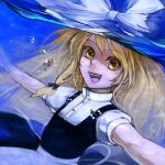  1girl :d blonde_hair dress female flat_chest hair_ribbon hat hat_ribbon kirisame_marisa looking_at_viewer open_mouth outstretched_arms puffy_sleeves ribbon smile solo teeth touhou underwater water witch_hat xero yellow_eyes 