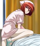  1girl bed curtains hanbun_no_tsuki_ga_noboru_sora haruyama_kazunori hat nurse nurse_cap pantyhose red_eyes redhead sandals solo tanizaki_akiko white_legwear 