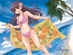  1girl beach bikini blush braid clouds flower frills front-tie_top hair_flower hair_ornament hibiscus long_hair luna2 miss_surfersparadise open_mouth original palm_tree purple_hair sarong side-tie_bikini sky smile solo swimsuit towel tree tropical violet_eyes 