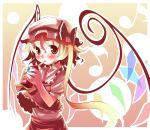  1girl blonde_hair bow collarbone crystal demon_wings drink drinking drinking_straw female flandre_scarlet hat holding mob_cap neckerchief red_eyes red_shirt red_skirt shirt short_hair short_sleeves skirt solo takahero touhou upper_body vampire wings 