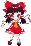  1girl :3 ascot bangs black_hair bloomers blush bow chibi detached_sleeves female frilled_skirt frills full_body hair_bow hair_tubes hakurei_reimu looking_at_viewer okome_(ricecandy) open_mouth outstretched_arms red_bow red_eyes red_ribbon red_skirt ribbon ribbon-trimmed_sleeves ribbon_trim ricecandy shoes shunsei_(muratou) sidelocks simple_background skirt skirt_set smile solo touhou underwear vest white_background white_legwear 