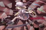  1girl blonde_hair chains character_name cuffs fang female flandre_scarlet handcuffs hat hat_ribbon long_hair red_(artist) red_(red-sight) red_eyes ribbon safety_pin side_ponytail solo touhou wings 
