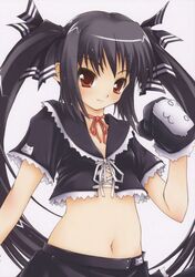  1girl black_hair gloves kooh long_hair midriff moyuru pangya red_eyes skirt smile solo twintails 