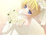  1girl blonde_hair blue_eyes bouquet breasts bride character_request cleavage dress flower large_breasts ninozen solo source_request wedding_dress 