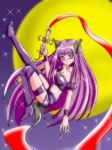  00s 1girl animal_ears arm_garter bandeau bare_shoulders boots breasts choker cleavage cross fujiwara_zakuro full_moon garters jewelry leg_garter leg_up long_hair magical_girl mew_zakuro midriff moon pendant purple_hair ribbon shorts solo sparkle tail thigh-highs thigh_boots tokyo_mew_mew tubetop very_long_hair violet_eyes weapon wolf_ears wolf_tail wristband 