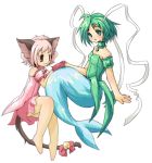  00s 2girls animal_ears bell bow cat_ears cat_tail choker gloves green_hair green_shirt hair_ribbon hand_holding lowres mermaid mew_ichigo mew_lettuce midorikawa_lettuce momomiya_ichigo monster_girl multiple_girls pink_hair red_gloves ribbon shirt tail tokyo_mew_mew 