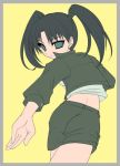  1girl amasawa_yuuko ass black_hair border dennou_coil foreshortening from_behind green_eyes kouki_kuu long_sleeves looking_at_viewer looking_back lowres outstretched_arm simple_background solo twintails yellow_background 