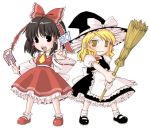  2girls apron aro_s bangs between_fingers black_eyes black_hair black_hat black_shoes black_skirt black_vest blonde_hair blush bow chibi cravat detached_sleeves dual_wielding female fighting_stance frilled_apron frilled_skirt frills full_body hair_bow hair_tubes hakurei_reimu hat hat_bow hat_ribbon holding_broom kirisame_marisa legs_apart long_hair looking_at_viewer mary_janes multiple_girls ofuda outstretched_arms puffy_short_sleeves puffy_sleeves red_bow red_ribbon red_shoes red_skirt ribbon ribbon-trimmed_sleeves ribbon_trim shimakusa_arou shirt shoes short_hair short_sleeves simple_background skirt socks swept_bangs touhou vest waist_apron white_apron white_background white_bow white_legwear white_ribbon white_shirt witch_hat yellow_eyes 