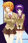  2girls arisa_bannings blush female green_eyes long_hair lyrical_nanoha mahou_shoujo_lyrical_nanoha mahou_shoujo_lyrical_nanoha_strikers multiple_girls purple_hair saki_chisuzu school_uniform serafuku shadow short_hair skirt standing tsukimura_suzuka violet_eyes window wink 