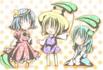  &gt;_&lt; 3girls :d bangs blonde_hair blue_hair blush chibi closed_eyes detached_sleeves female frilled_skirt frills frog_hair_ornament full_body green_eyes hair_ornament hair_ribbon hair_tubes hat kasuga_sunao kochiya_sanae leaf long_hair long_sleeves mirror moriya_suwako multiple_girls open_mouth polka_dot polka_dot_background puffy_short_sleeves puffy_sleeves purple_skirt red_skirt ribbon short_hair short_sleeves simple_background skirt skirt_set smile snake_hair_ornament standing touhou tress_ribbon white_legwear wide_sleeves xd yasaka_kanako 