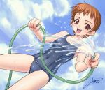 1girl flat_chest hose one-piece_swimsuit school_swimsuit short_hair solo standing swimsuit tomomimi_shimon water wet 