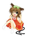  1girl animal_ears brown_hair cat_ears cat_tail chen earrings fang female jewelry multiple_tails one_eye_closed short_hair sitting solo tail touhou wink 